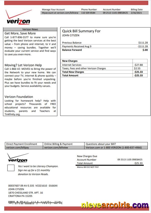 USA Verizon utility bill